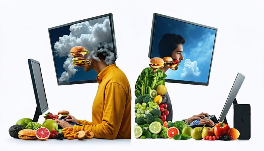 Conceptual split image depicting the potential dual impact of online gambling on health, showing one half with unhealthy habits and the other half promoting a balanced lifestyle.