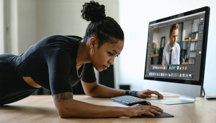 Individual performing desk exercises during online gaming session