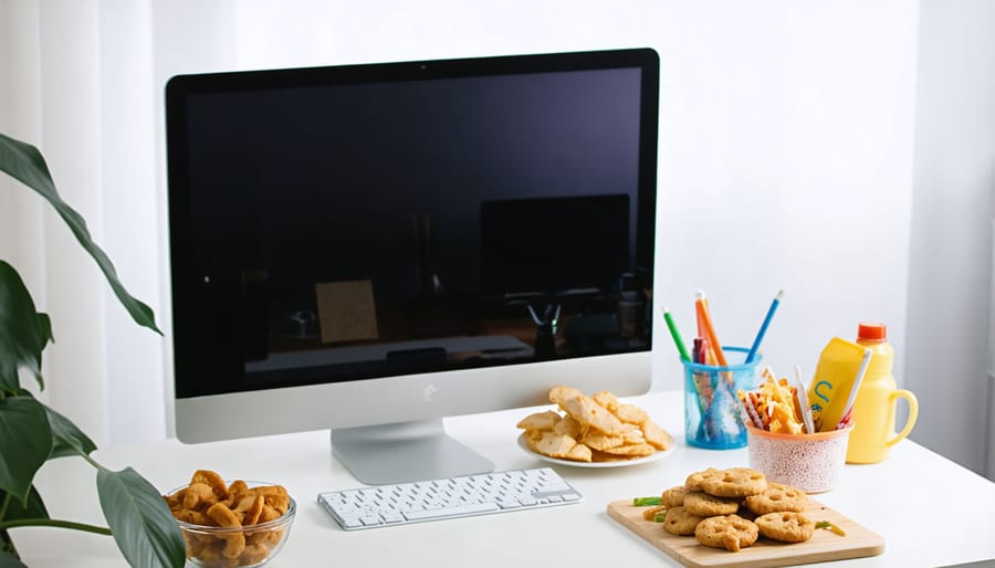 Individual hunched over laptop with energy drinks and junk food scattered around