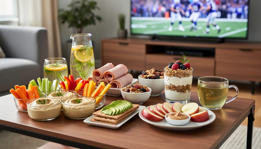 Healthy game-day snack spread with hummus and veggie sticks, turkey roll-ups, Greek yogurt parfait, trail mix, whole-grain crackers with avocado, apple slices with almond butter, and infused water and green tea on a coffee table, with a blurred TV sports scene in the background.