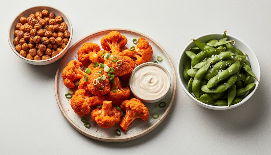 Assortment of healthy high-protein game day snacks arranged on wooden serving board