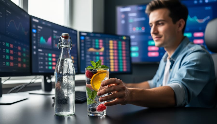 Water bottle and infused water pitcher on table with sports game on TV in background