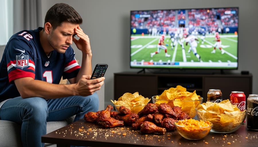 Smartphone showing sports betting app surrounded by typical game day snacks on table