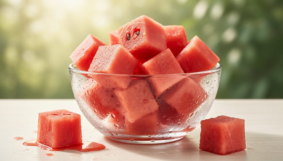 Chilled bowl of watermelon cubes with condensation and a spoon on a summer picnic table
