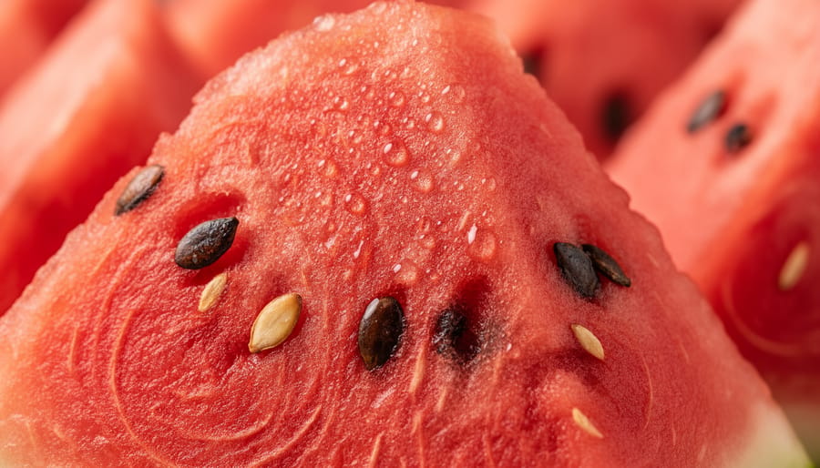 Close-up of a freshly cut watermelon half showing red flesh and visible seeds on a wooden cutting board