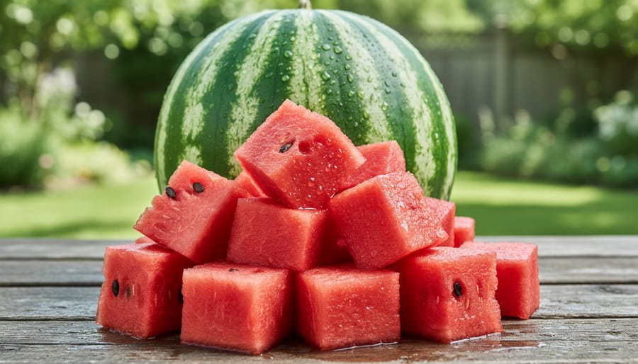 Fresh watermelon cubes with visible water droplets on a wooden table in bright summer outdoor light.