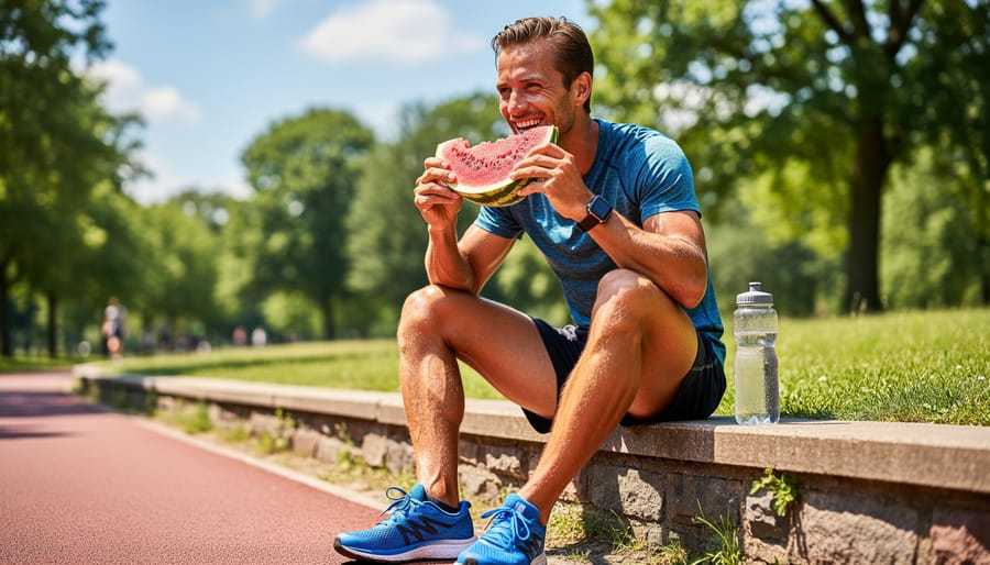 Runner holding a water bottle and a container of watermelon slices outdoors in warm sunlight