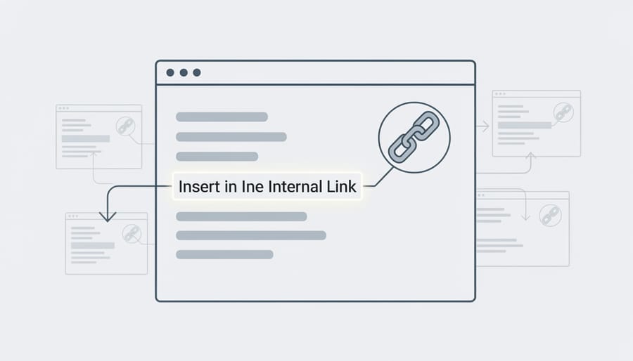 Screenshot-style illustration of adding internal links in a blog post editor