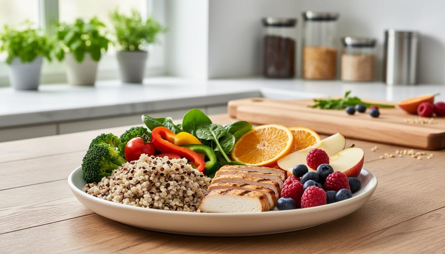 Close-up of a balanced healthy meal plate with vegetables, grains, lean protein, and fruit on a wooden table in a softly lit kitchen.
