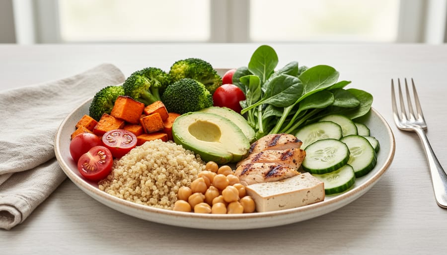 Colorful plate of whole foods with vegetables, whole grains, and lean protein on a kitchen table