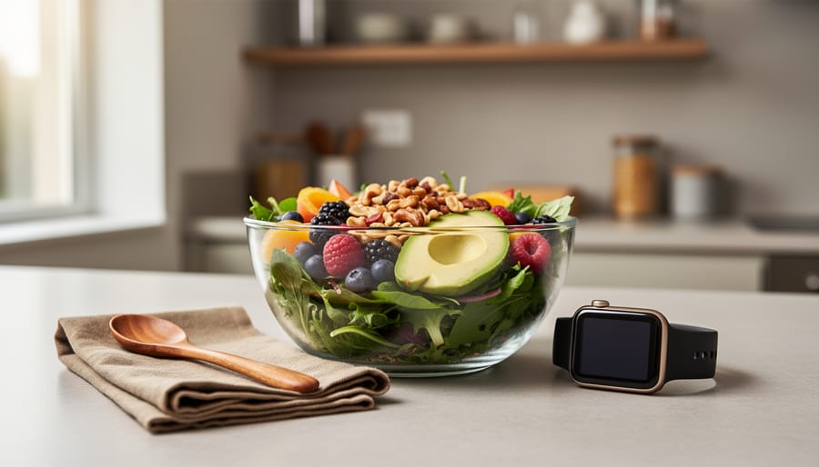 A balanced bowl of mixed greens and colorful vegetables with a folded reusable napkin and small spoon on a kitchen counter, photographed in soft natural light.