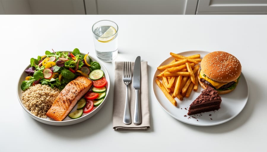 Fork above a plate showing a mix of nutrient-rich food and a small portion of a treat