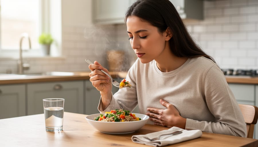 Person practicing mindful eating while taking a bite at a table with a plate of whole foods