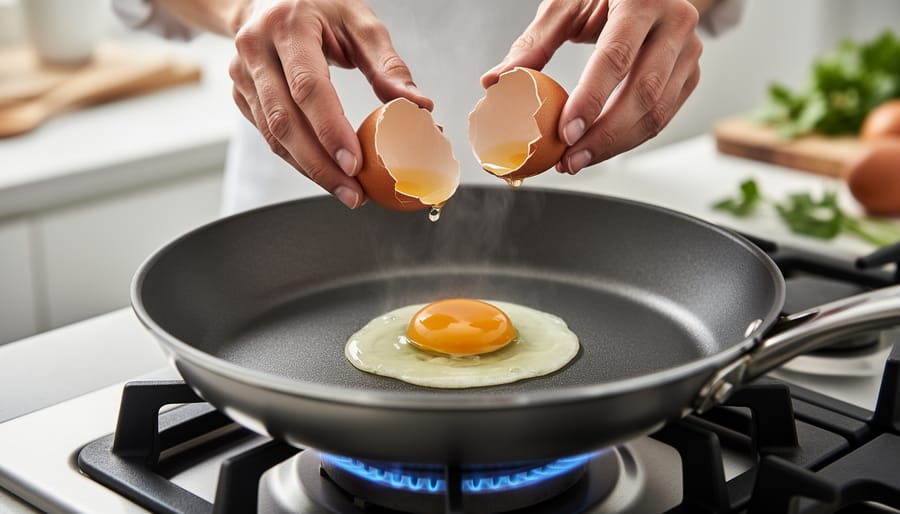 Hands cracking fresh eggs into a skillet for gentle, low-heat cooking.