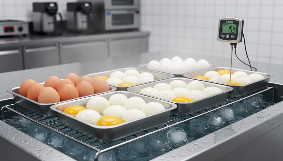 Stainless-steel pot and hard-boiled eggs cooling near an ice bath in a clean kitchen setting.