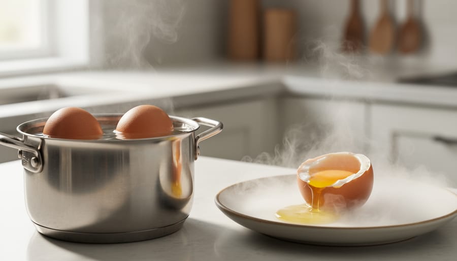 “Close-up of poached and soft-boiled eggs with steam and a runny yolk in a small pot and on a ceramic plate.”
