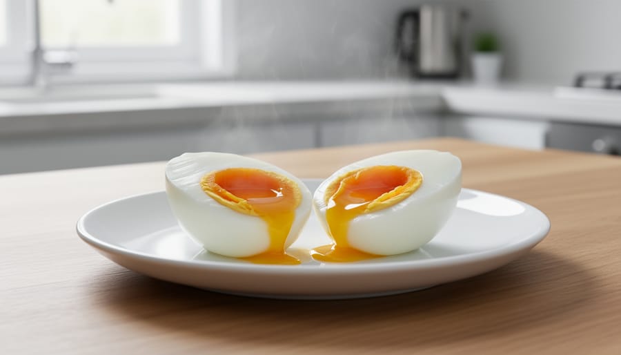 Close-up of two poached eggs with glossy yolks in a bowl on a linen napkin.
