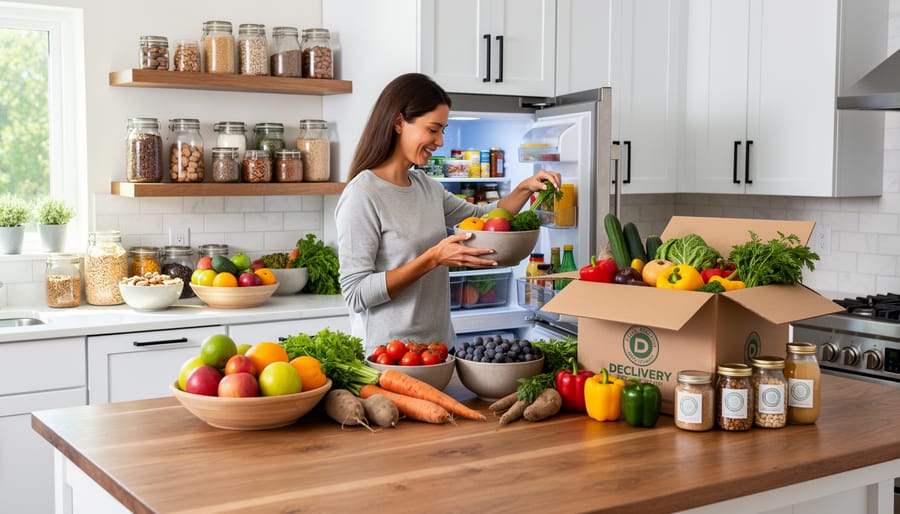 Fresh groceries and meal-prep ingredients arranged on a kitchen countertop.