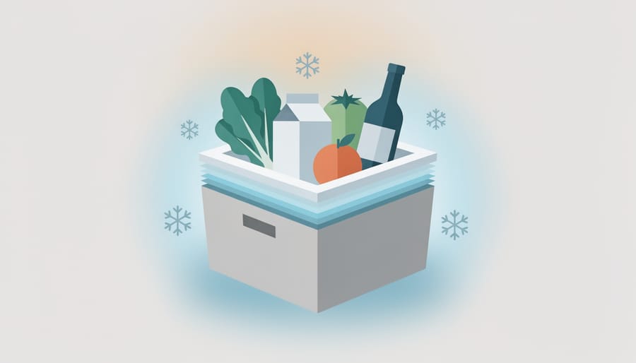 Insulated delivery cooler bag with condensation next to refrigerated groceries.
