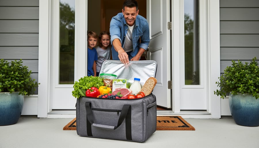 A family unloads fresh groceries from insulated delivery bags at their front door.