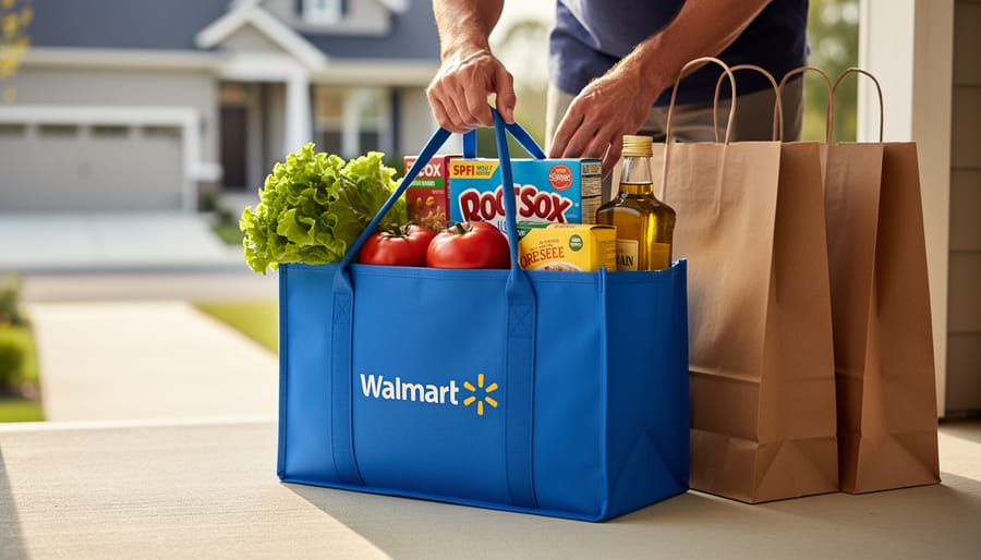 A delivery driver places groceries, including fresh produce and pantry staples, into a reusable tote on a front porch.