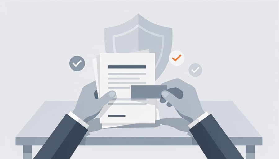 Hands packing exam-prep study materials and a planner into a professional bag for certification preparation.