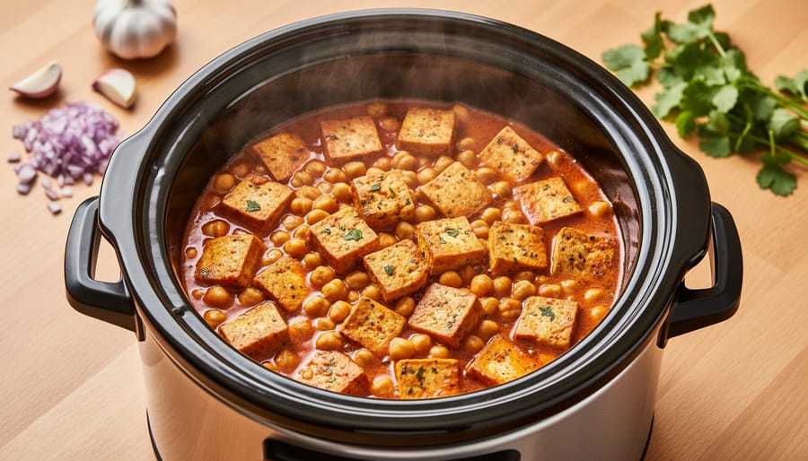 Slow cooker filled with steaming tofu, chickpeas, and vegetables in a thick savory sauce.