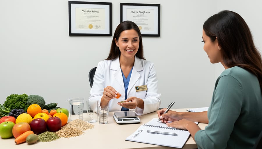 Healthcare professional discussing nutrition with a client at a table with fresh foods and a measuring tape.