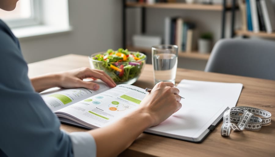 A nutrition student studies at a desk with an open nutrition textbook, notebook, measuring tape, and a healthy meal setting in the background.