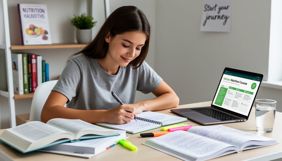 Nutrition student studying with a notebook and textbooks in a bright library setting.