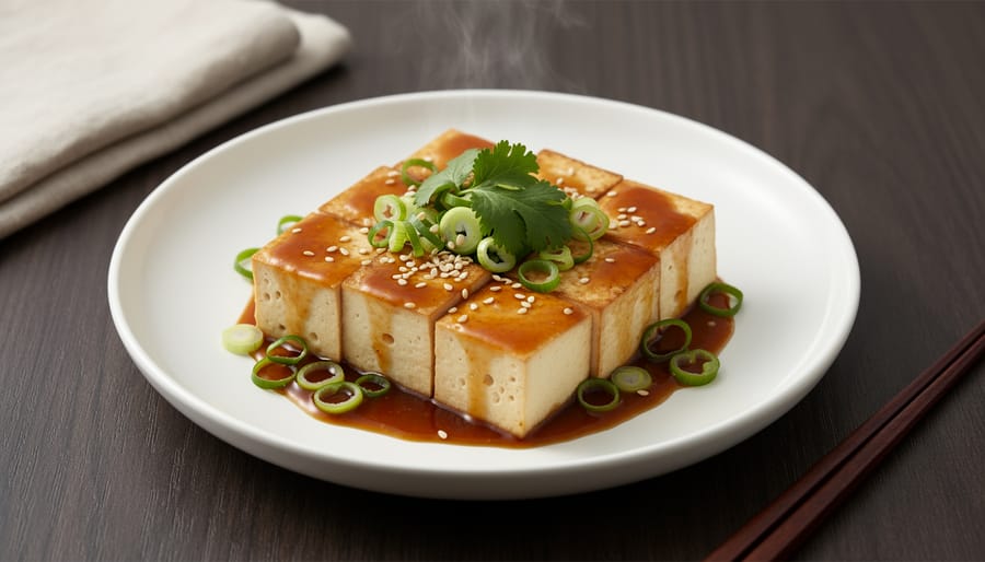 Plated slow-cooked tofu served over grains with sliced almonds and fresh herbs.