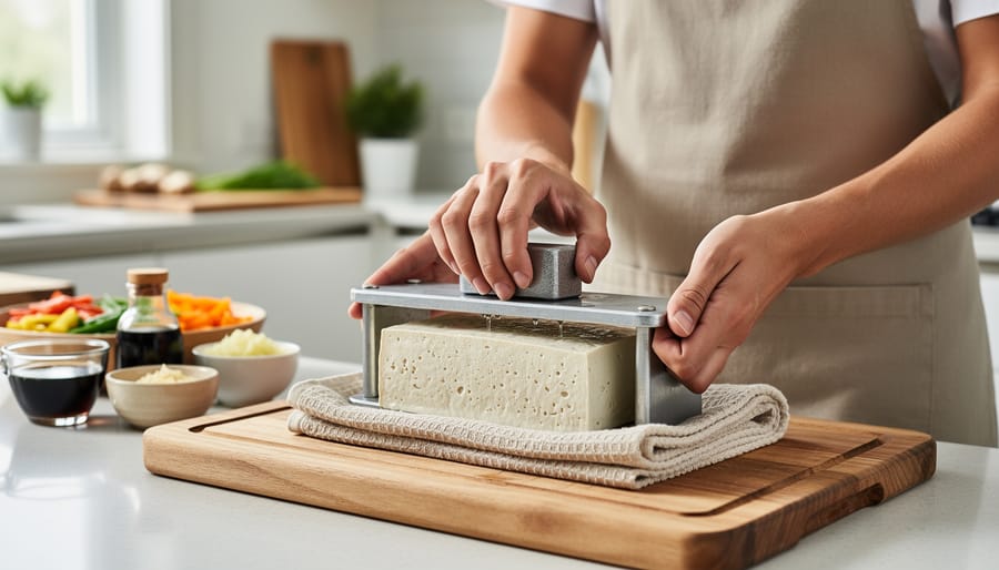 A person pressing extra-firm tofu on a towel to remove excess moisture for better texture in slow cooker recipes.