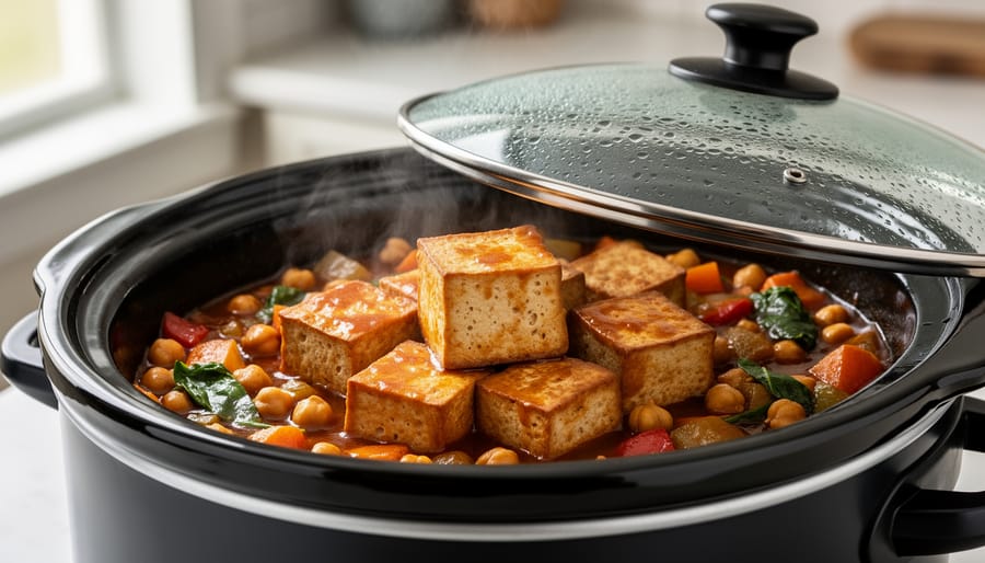 Extra-firm tofu cubes in a simmering slow-cooker sauce with chickpeas and vegetables, viewed from a countertop angle with steam rising.